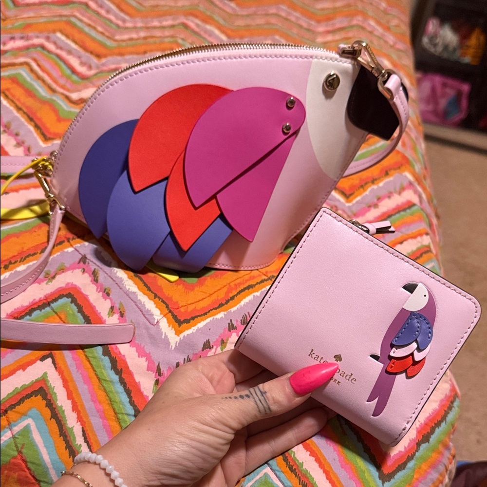 Kate Spade Pink and Purple Parrot Bag and Wallet set
